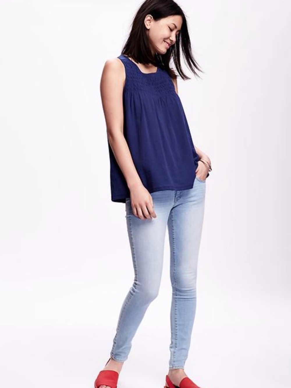 Old Navy Women’s Gauze Smocked Top Size Large Navy Blue Sleeveless Tank Summer